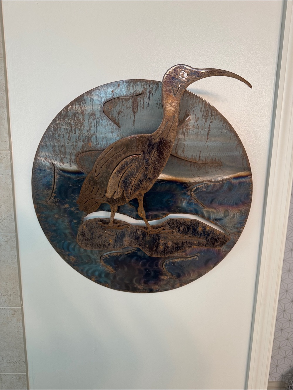 Metal Heron Wall Art - Blue and Rust Tones